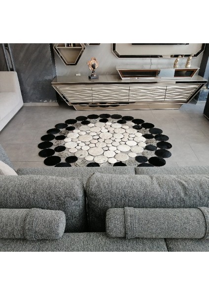 Yuvarlak Krem Gri Dana Derisi Puantiyeli Halı 150 x 150 cm indirimleri