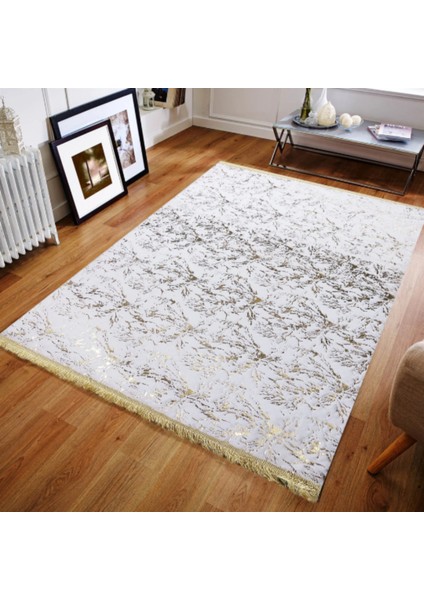 Beyaz Gold Kuşayağı Bordürlü Peluş Halı 80 x 150 cm