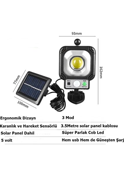 JX966 Süper Parlak Cob LED 3.5 Metre Kablolu Solar Panel Güneş Enerjili 3 Mod Sensörlü Duvar Lambası