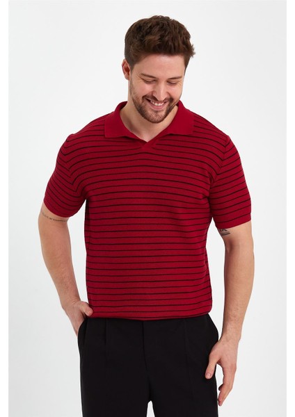 Bordo Erkek Polo Yaka Çizgili Triko T-SHIRT-TRZ19124R04S