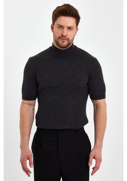 Füme Erkek Yarım Balıkçı Çizgili Triko T-SHIRT-TRZ19233R03S