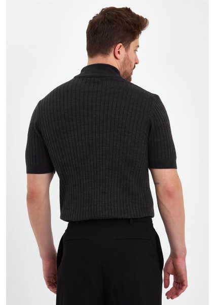Füme Erkek Yarım Balıkçı Çizgili Triko T-SHIRT-TRZ19233R03S