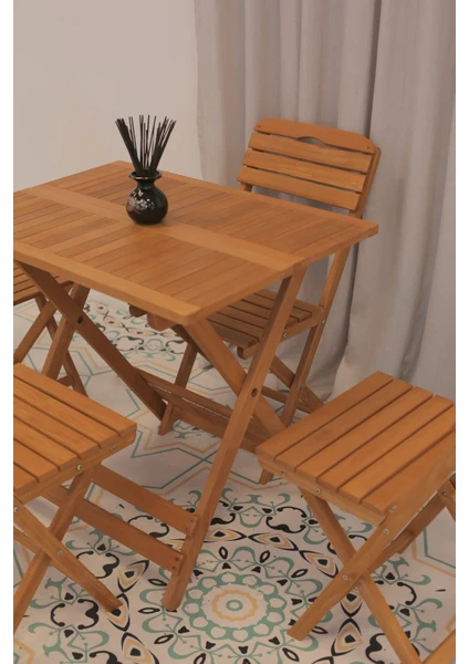 60x80cm Ahşap Balkon/ Bahçe 5'li Katlanabilir Set (4 Sandalye 1 Masa)