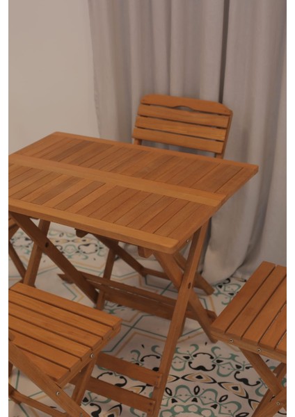 60x80cm Ahşap Balkon/ Bahçe 5'li Katlanabilir Set (4 Sandalye 1 Masa)