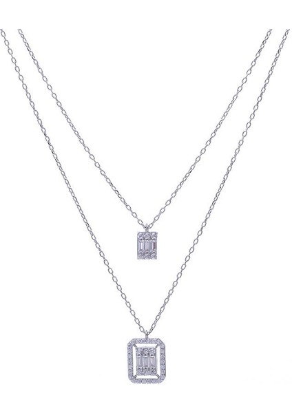 Baget Taşlı 925 Ayar Gümüş İkili Kadın Kolye