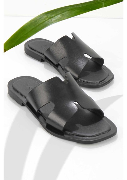 Siyah Leather Kadın Terlik Hakiki Deri Günlük Kullanım İçin Düz Topuklu