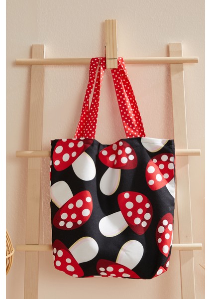 Mantar Desen Siyah Bez Alışveriş Plaj Çantası