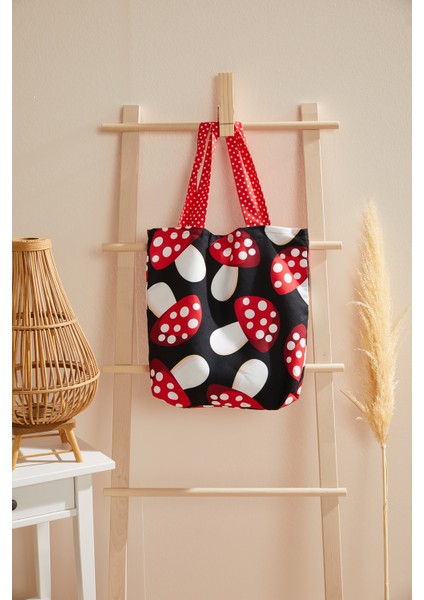 Mantar Desen Siyah Bez Alışveriş Plaj Çantası fiyatları