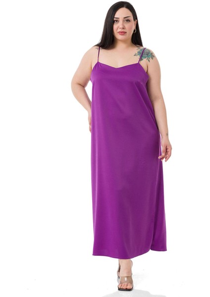 Büyük Beden Ayarlanabilir Ince Askılı Yanı Yırtmaçlı Saten Mor Elbise