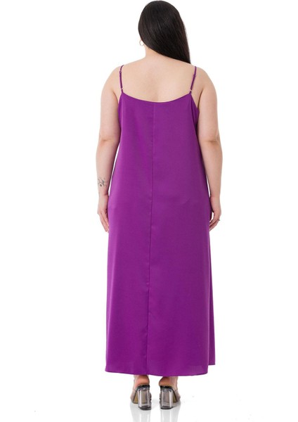 Büyük Beden Ayarlanabilir Ince Askılı Yanı Yırtmaçlı Saten Mor Elbise modelleri