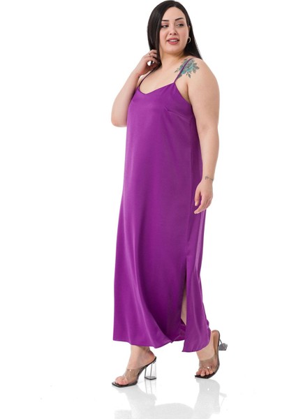 Büyük Beden Ayarlanabilir Ince Askılı Yanı Yırtmaçlı Saten Mor Elbise fırsatları