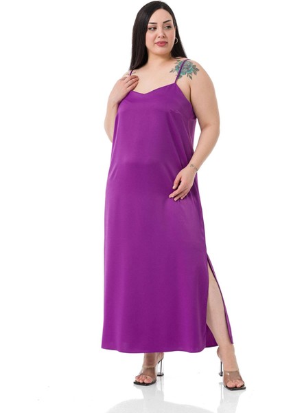 Büyük Beden Ayarlanabilir Ince Askılı Yanı Yırtmaçlı Saten Mor Elbise indirimleri