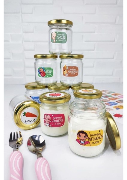 Mama - Yoğurt Kavanozu Değerler Meyveler ve Hayvanlar Etiketli 210 ml Gold Kapaklı 10'lu