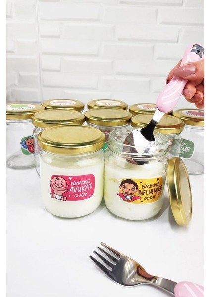 Mama - Yoğurt Kavanozu Değerler Meyveler ve Hayvanlar Etiketli 210 ml Gold Kapaklı 10'lu