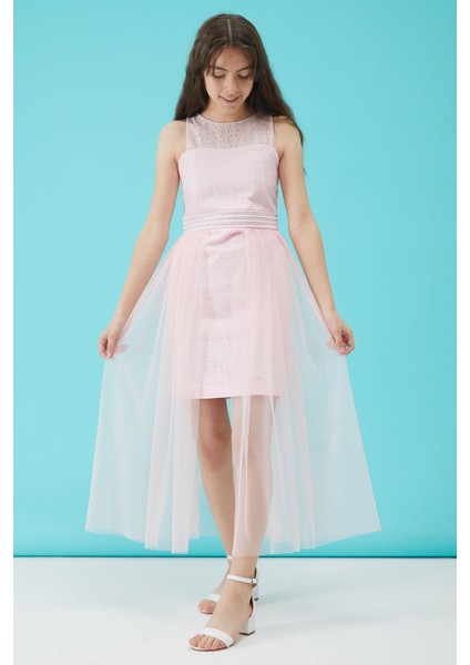 Kız Çocuk Pembe Taş Detaylı Tüllü Abiye Elbise 1516110