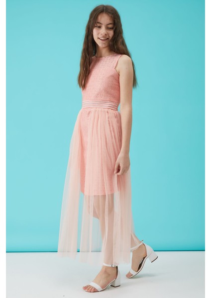 Kız Çocuk Somon Taş Detaylı Tüllü Abiye Elbise 1516010