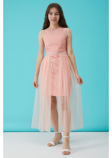 Kız Çocuk Somon Taş Detaylı Tüllü Abiye Elbise 1516010 fırsatları