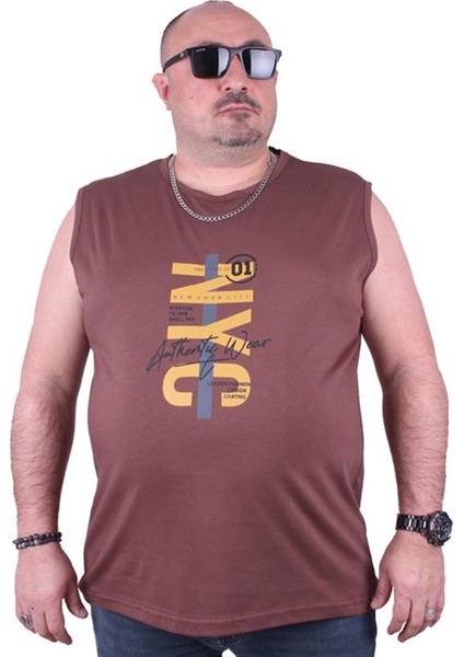 Büyük Beden Erkek Baskılı Kolsuz Tişört Nyc 23140 Taba