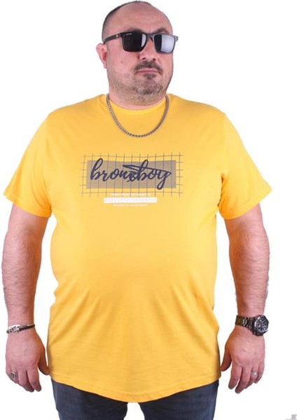 Büyük Beden Erkek Baskılı Tişört Brnx Boy 23131 Sarı