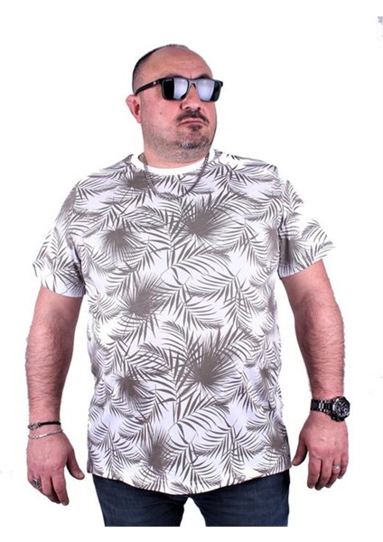 Büyük Beden Sıfır Yaka Tişört Palm Leaf 23148 Beyaz