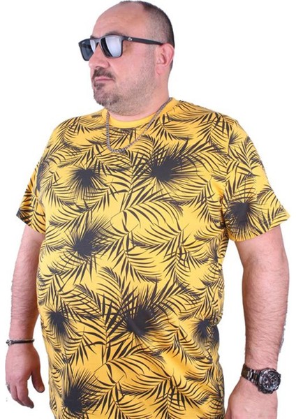 Büyük Beden Sıfır Yaka Tişört Palm Leaf 23148 Sarı