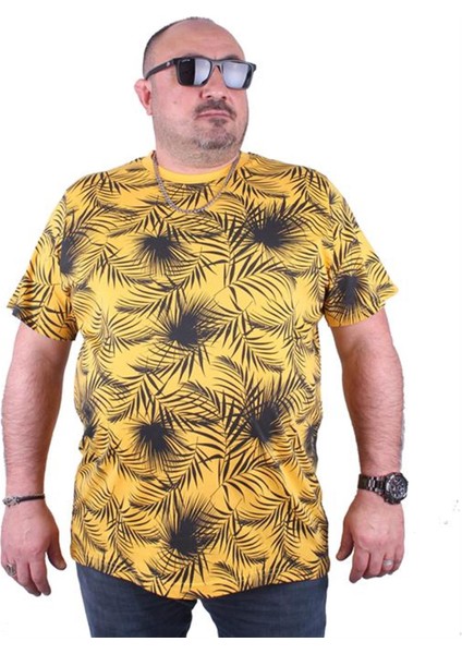 Büyük Beden Sıfır Yaka Tişört Palm Leaf 23148 Sarı fiyatları