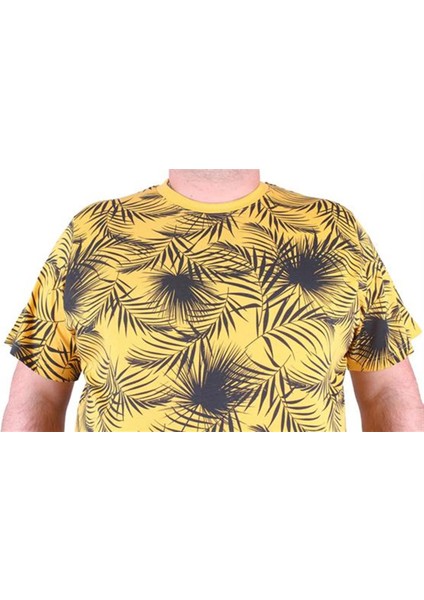 Büyük Beden Sıfır Yaka Tişört Palm Leaf 23148 Sarı fırsatları