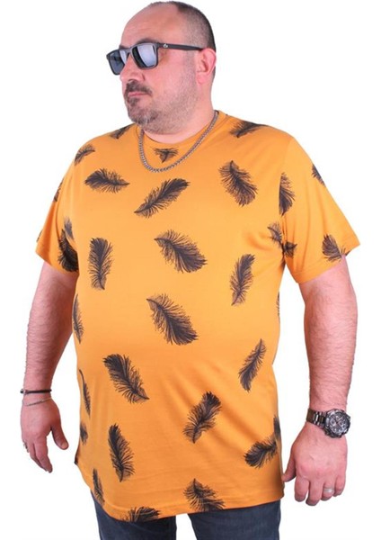 Büyük Beden Tişört Sıfır Yaka Feather 23149 Hardal