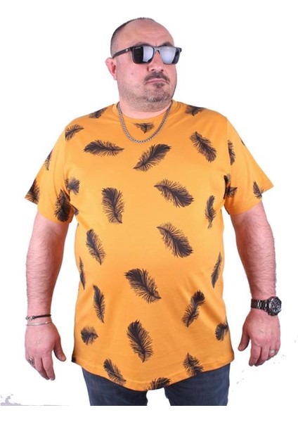 Büyük Beden Tişört Sıfır Yaka Feather 23149 Hardal fiyatları