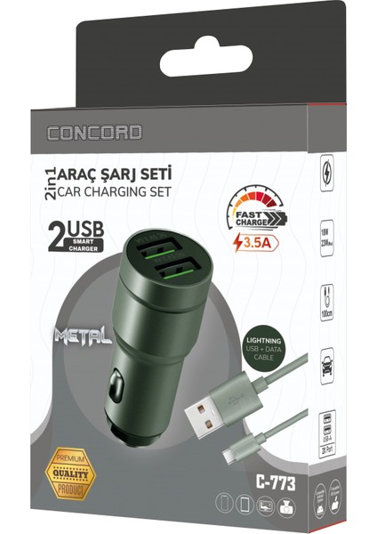 C-773 Lightning Kablo Çift USB Araç Şarj Cihazı