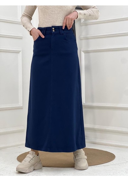 Nakışlı Kontrast Ipli Gabardin Etek - Indigo