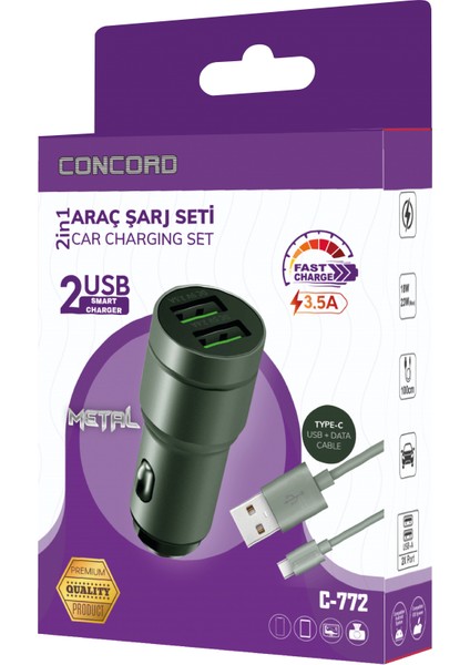 C-772 Type-C Kablo Çift USB Araç Şarj Cihazı