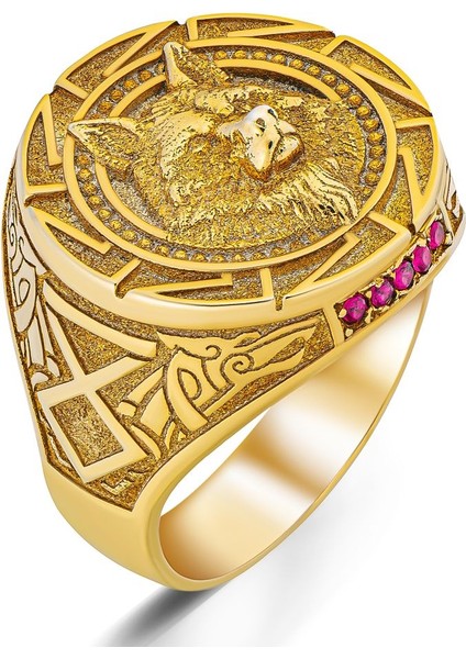 Kırmızı Zirkon Taşlı Kurt Başlı ve Kurt Figürlü Altın Kaplama Gümüş Yüzük