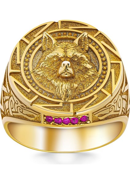 Kırmızı Zirkon Taşlı Kurt Başlı ve Kurt Figürlü Altın Kaplama Gümüş Yüzük fiyatları