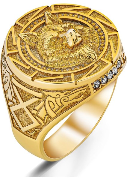 Beyaz Zirkon Taşlı Kurt Başlı ve Kurt Figürlü Altın Kaplama Gümüş Yüzük