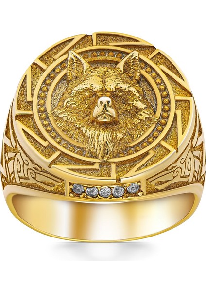 Beyaz Zirkon Taşlı Kurt Başlı ve Kurt Figürlü Altın Kaplama Gümüş Yüzük fiyatları