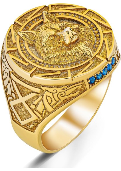 Lacivert Zirkon Taşlı Kurt Başlı ve Kurt Figürlü Altın Kaplama Gümüş Yüzük