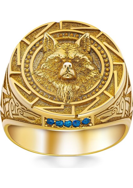 Lacivert Zirkon Taşlı Kurt Başlı ve Kurt Figürlü Altın Kaplama Gümüş Yüzük fiyatları
