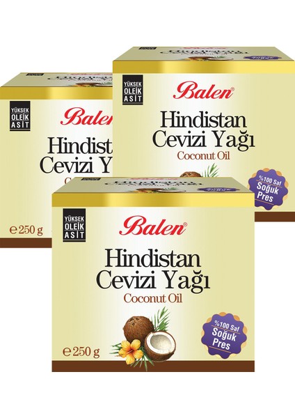 3 Kutu Hindistan Cevizi Yağı Coconut Oil Soğuk Pres Yenilebilir 250 gr x 3