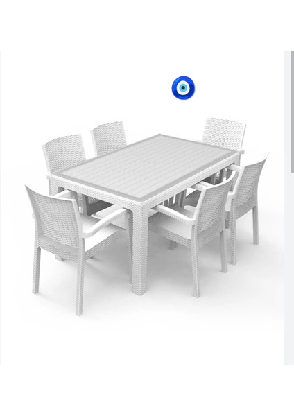 Rattan Plastik Oturma Grubu (90X150 Camlı Masa + 6 Rattan Koltuk) Rattan Sehpa Hediyeli