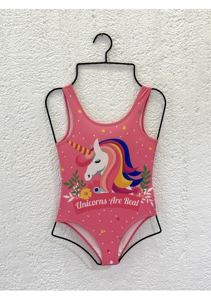 Kız Çocuk Unicorns Are Real Baskılı Pembe Mayo