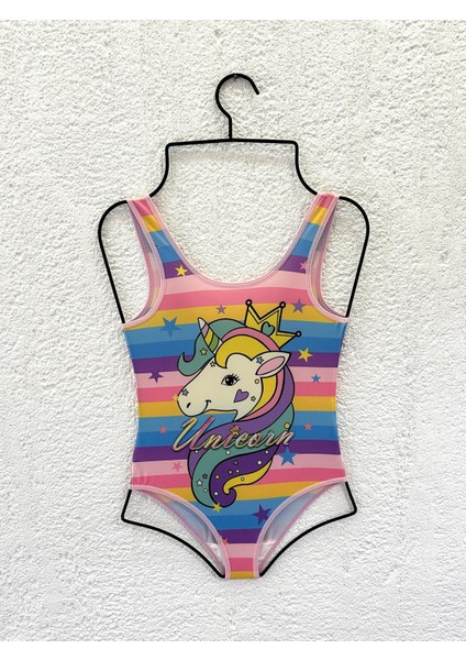 Kız Çocuk Gökkuşağı Unicorn Baskılı Mayı