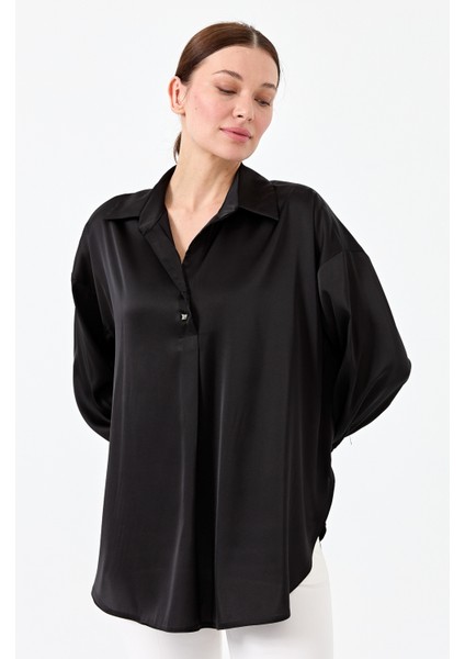 Kadın Saten Gömlek Siyah