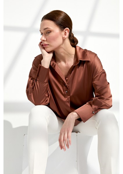 Kadın Saten Gömlek Bakır modelleri