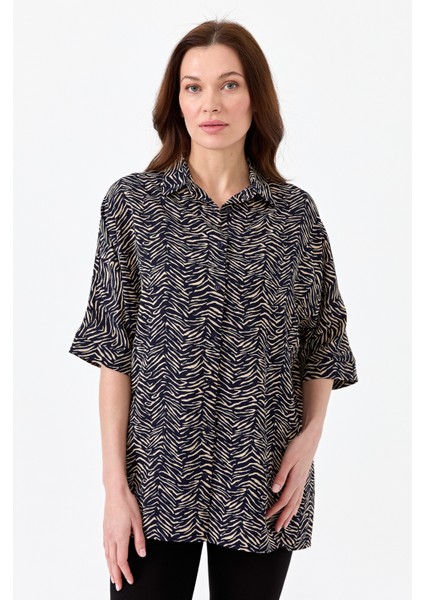 Kadın Kaplan Desenli Yarasa Kol Gömlek Lacivert