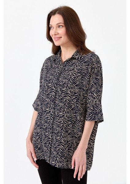 Kadın Kaplan Desenli Yarasa Kol Gömlek Lacivert fiyatları