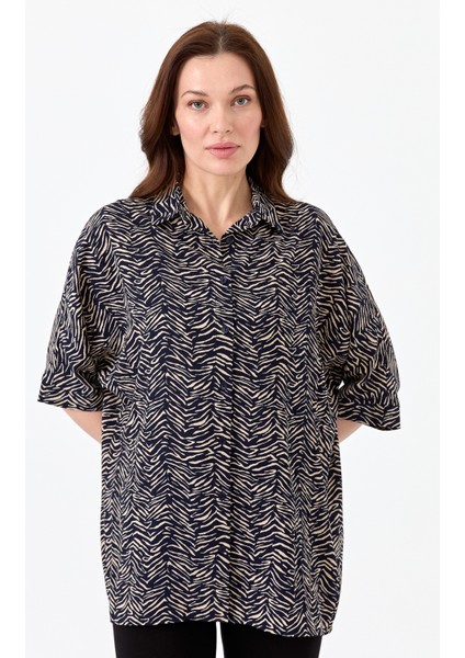 Kadın Kaplan Desenli Yarasa Kol Gömlek Lacivert fırsatları