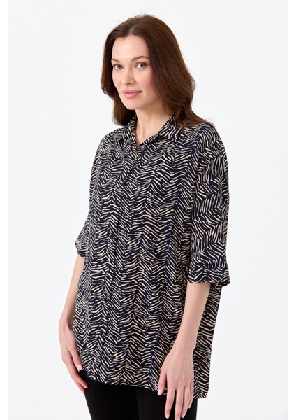 Kadın Kaplan Desenli Yarasa Kol Gömlek Lacivert indirimleri