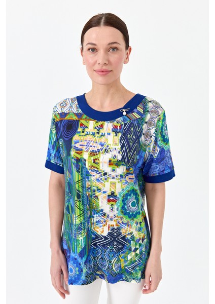 Kadın Sıfır Yaka Karışık Desenli Penye T-Shirt Saks