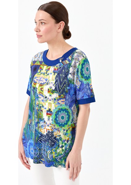 Kadın Sıfır Yaka Karışık Desenli Penye T-Shirt Saks fiyatları